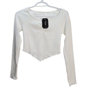 NWT | Girl's White Ribbed Knit Scoop Neck Lettuce Hem Cropped Long Sleeve 12-13y